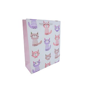Sacola Presente Infantil Gatinhos Listrados Rosa e Lilás Papel Cartão com Alça Prateada 32x26x10cm