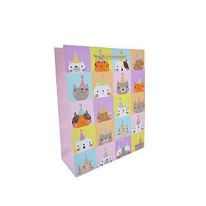Sacola Presente Infantil Gatos Festa Aniversário Papel Cartão com Alça Dourada 32x26x10cm