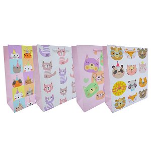 Kit 12 Sacolas Presente Infantil Sortidas Gatinhos e Bichinhos Papel Cartão 32x26x10cm