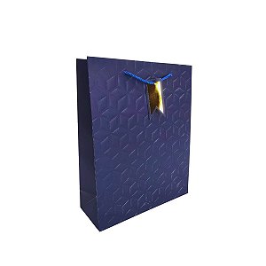Sacola Presente Luxo Azul com Relevo e Alça de Cordão – Tamanho Médio 32x26x10cm