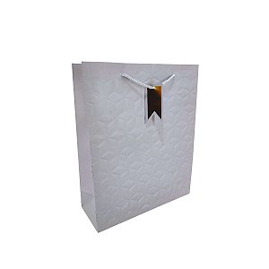 Sacola Presente Luxo Cinza com Relevo e Alça de Cordão – Tamanho Médio 32x26x10cm