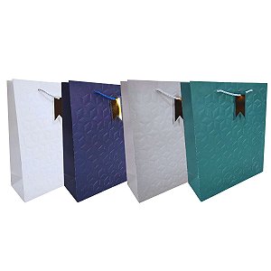 Kit 12 Sacolas Presente Luxo Relevo Cores Sortidas 32x26cm com Alça e Tag Metálica