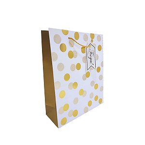 Sacola Presente Luxo Média 32x26cm Papel Cartão Branca com Bolinhas Douradas e Tag