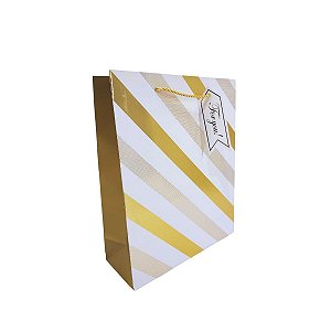 Sacola Presente Luxo Média com Listras Douradas Metalizadas 32x26cm com Alça e Tag