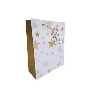 Sacola Presente Luxo 32x26cm Estampa de Estrelas Douradas com Alça Cordão e Tag For You