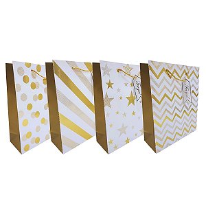 Kit 12 Sacolas Presente Luxo Papel Cartão 32x26cm Estampas Sortidas Branca Dourada com Tag