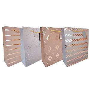 Kit 12 Sacolas Presente Rosé Gold Tamanho Médio Estampas Sortidas com Alça e Tag Decorativa