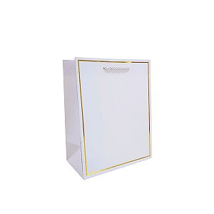 Sacola de Presente Pequena Papel Cartão Branco com Alça Cordão e Detalhe Metálico Dourado