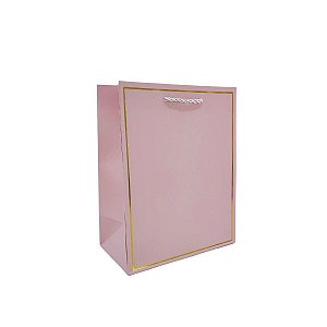 Sacola Presente Rosa Pequena com Alça Cordão e Moldura Metálica Dourada Papel Cartão