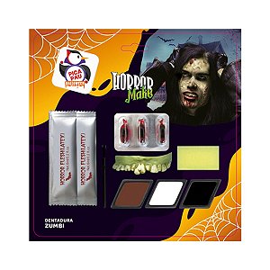 Kit Maquiagem Halloween Zumbi com Dentadura, Sangue Falso, Tintas e Látex Líquido Horror Make