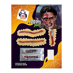 Kit Ferimento Cicatriz Zíper Halloween Horror Make com Prótese, Cola Corporal e Sangue Falso