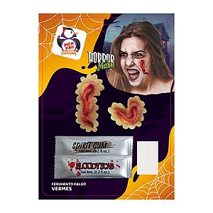 Ferimento Falso Horror Make Vermes com 2 Próteses, Cola, Sangue Falso e Esponja Halloween