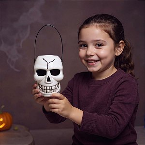 Balde de Caveira Halloween com Luzes Coloridas – Fantasia Infantil, Decoração e Doces