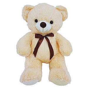 Urso de Pelúcia Grande Bege Claro 70cm com Laço Marrom Presente Especial