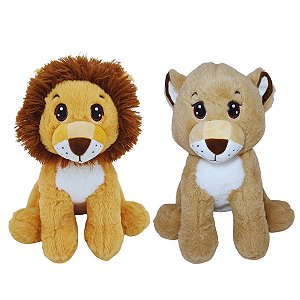 Kit 2 Pelúcias Safari Leão e Leoa 30cm Fofos Seguros Infantil