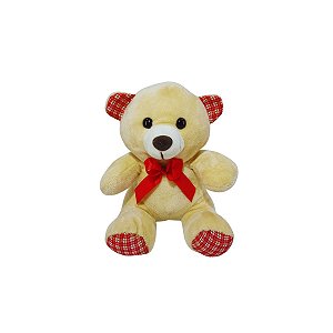 Ursinho de Pelúcia Creme com Laço Vermelho e Detalhes Xadrez Presente