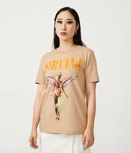 Camiseta em Algodão com Manga Curta e Estampa Nirvana In Utero Marrom