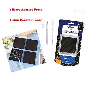 Bloco Adesivo Preto + Mini Caneta Branca - Lyke