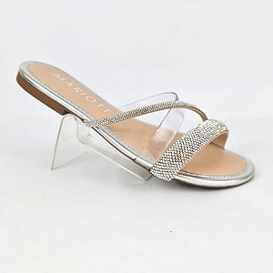 Rasteirinha prateada 2 tiras strass e vinil Mariotta