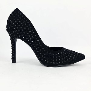 Scarpin preto em Nobuk cravejado de strass preto Dolcini