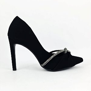 Scarpin preto em Nobuk e tira com nó strass Dolcini