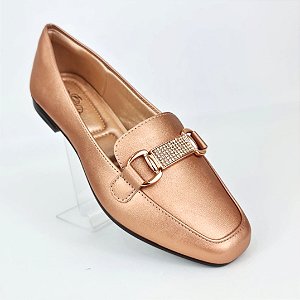 Sapatilha metalizada bronze rosé estilo mocassim metal strass Eduarda Porto
