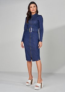 Vestido Jeans Manga Longa com Zíper Azul Titanium