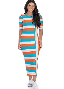 Vestido Maria Edudarda Midi Listrado Laranja Hapuk