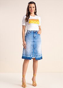 Saia Jeans Evasê Azul Laura Rosa