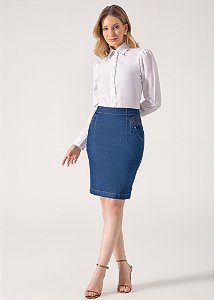 Saia Jeans com Detalhe de Pespontos Azul Laura Rosa