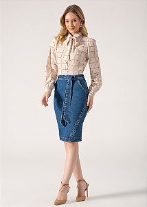 Saia Jeans com Detalhe de Transpasse Azul Laura Rosa