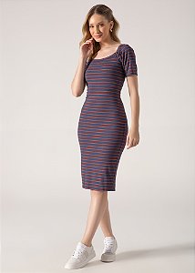 Vestido Justo Malha Canelada Listrado Azul Laura Rosa