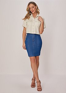 Saia Jeans Tradicional com Bordado Azul Titanium