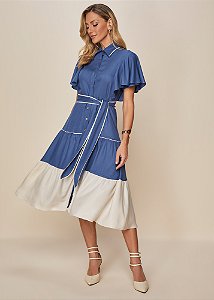 Vestido Midi com Mix de Tecidos Azul Titanium