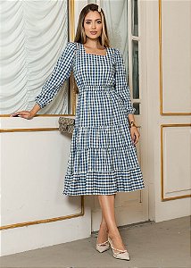 Vestido Patrícia Xadrez Evasê Azul Fagian