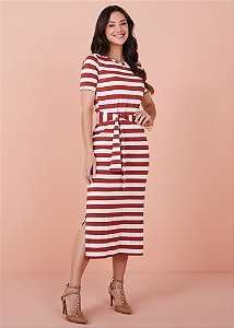 Vestido Adriana Malha Listrado Marrom Tatá Martello