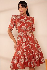 Vestido Romana Laise Bordada Terracota Lekazis