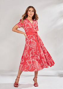 Vestido Midi Estampado com Cinto Vermelho Titanium