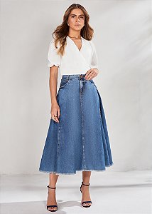 Saia Jeans Midi Godê com Recortes Azul Titanium