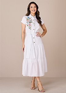 Vestido Rita Midi com Bordado Off-White Tatá Martello