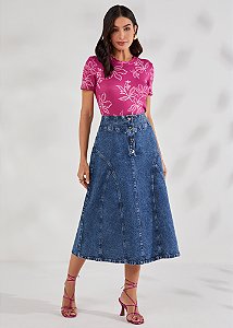 Saia Jeans Evasê com Recortes e Botões Azul Titanium