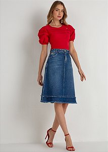 Saia Jeans Evasê Barra Desfiada Azul Laura Rosa