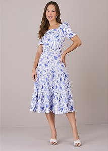 Vestido Keity Midi Evasê Estampado Off-White Tatá Martello