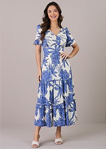 Vestido Luciane Estampado Midi Azul Tatá Martello