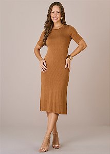 Vestido Marcia Malha Canelada Marrom Tatá Martello