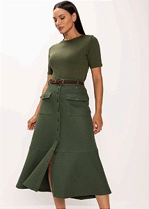 Saia Midi Malha Tricot Verde Militar Lekazis