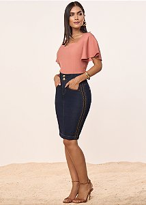 Saia Jeans Tradicional com Bordado Lateral Azul Titanium