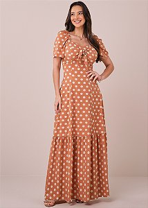 Vestido Eduarda Longo Estampa Poá Marrom Tatá Martello