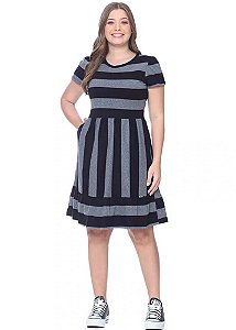 Vestido Elinai Evasê Listrado Preto Hapuk