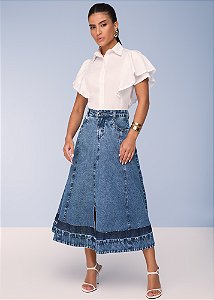 Saia Jeans Godê com Recortes Azul Titanium